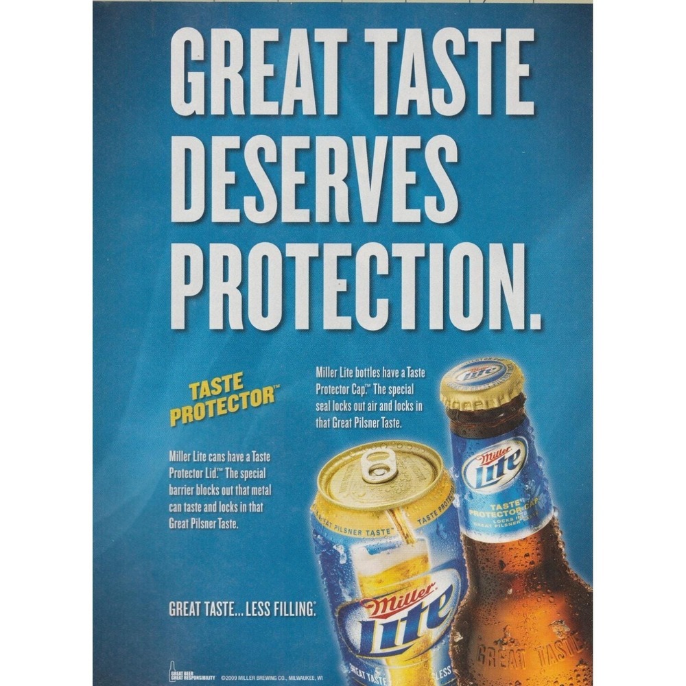2009 Miller Lite Beer Print Ad Taste Protector Can Bottle Bar Man Cave Decor
